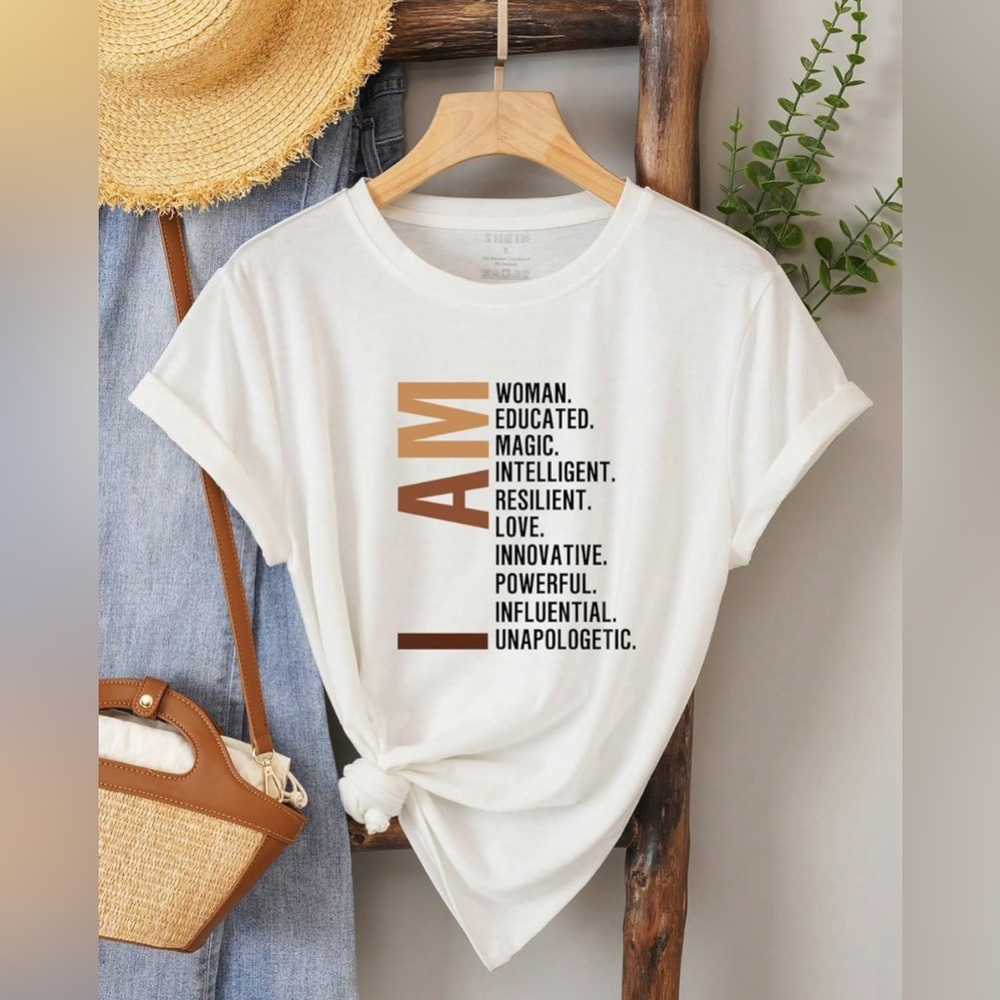 SHEIN White Graphic "I AM" Short Sleeve Tee